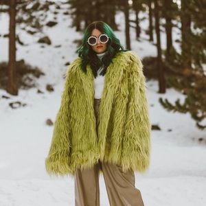 Lime Green Mongolian Faux Fur Jacket Coat